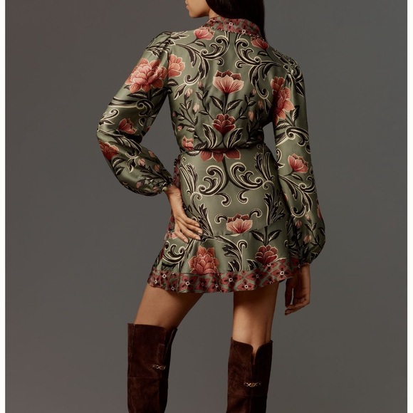 FARM RIO ANTHROPOLOGIE NWT Arabesque Long Sleeve Wrap Mini Dress XS Floral Print - Picture 4 of 12